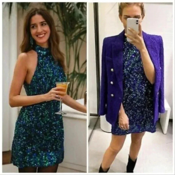 ZARA MULTICOLOR SEQUINED HALTER NECK DRESS medium 9205/102 - Picture 4 of 12